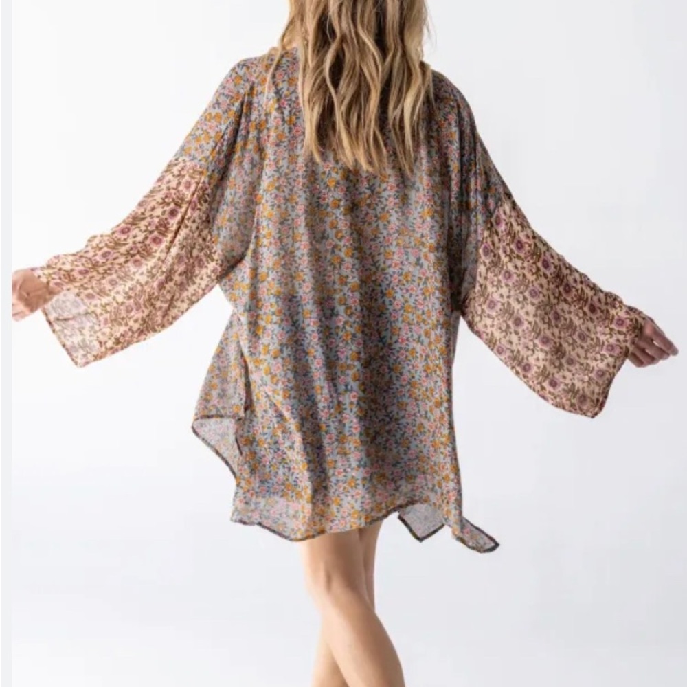 Natural Life Floral Print Sheer Kimono with Bell Sleeves Size L/XL